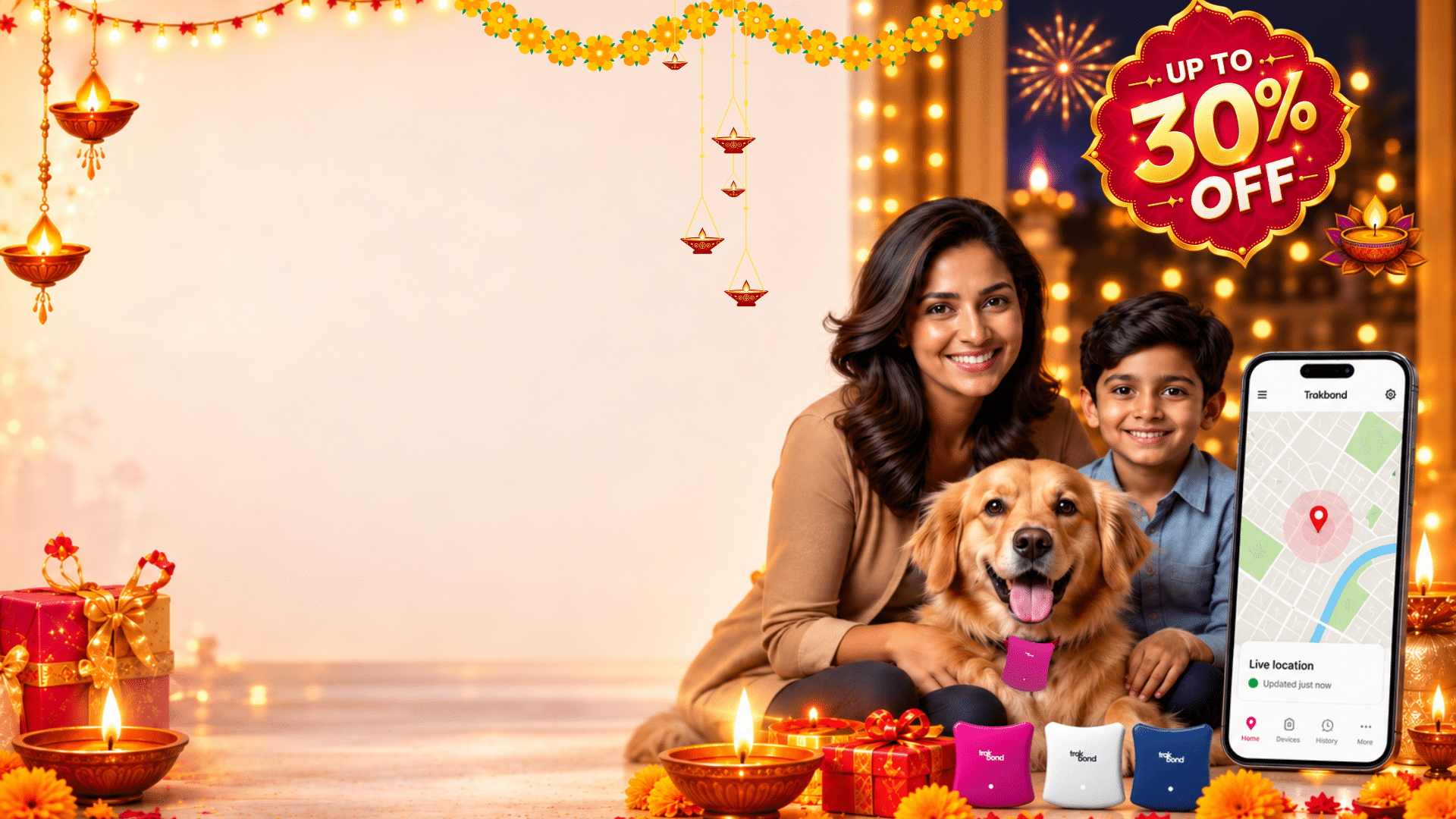 A mother, child and dog with Trakbond trackers and a live-location phone, surrounded by festive lamps